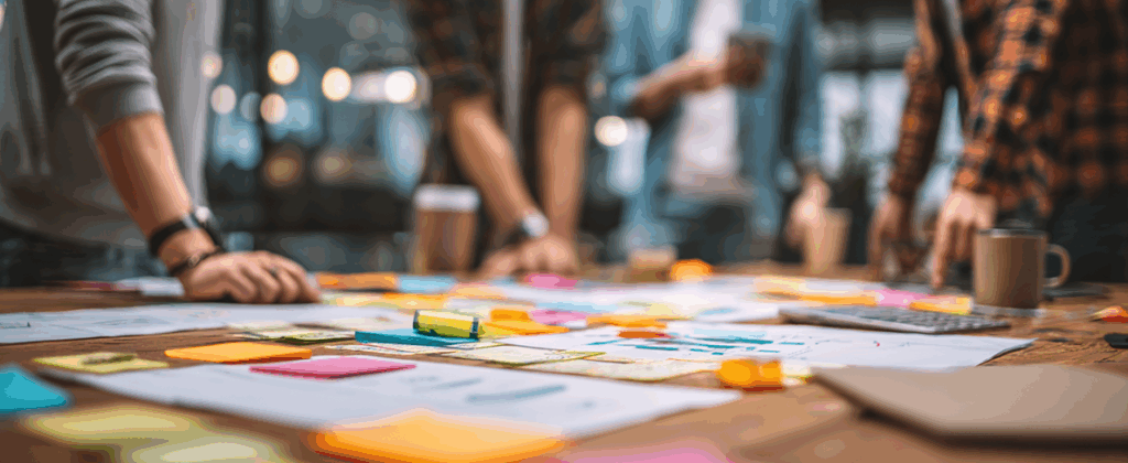 A creative team collaborating in a workshop for the Sakoo project, gathered around a large table covered in colorful strategy notes