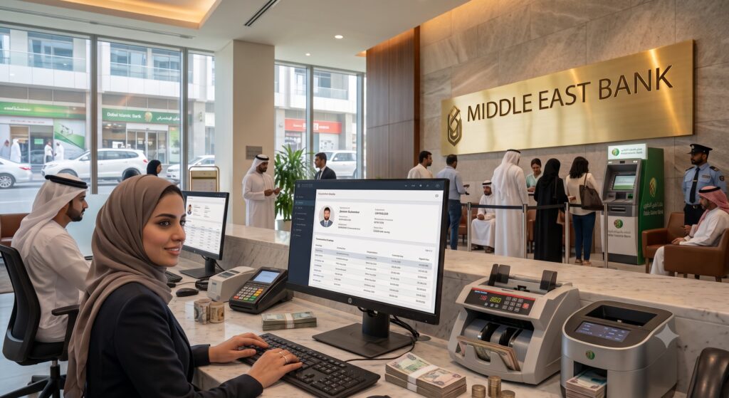 Female bank teller using the Sakoo FinTech management system on her monitor at a Middle East Bank branch, with cash counters, money sorters, and active customers in the background.
