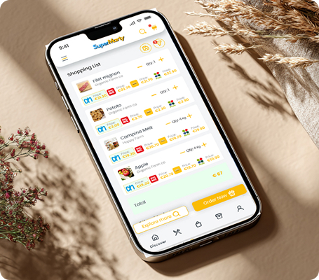 Smartphone displaying the SuperMarty mobile app shopping list and digital wallet interface on a modern minimalist background.