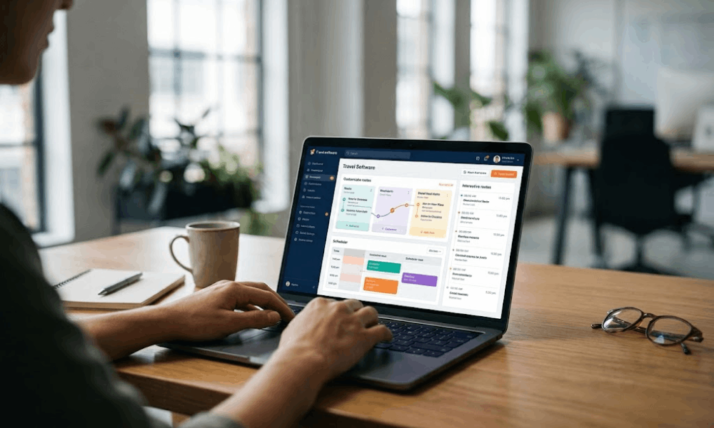 A modern workspace focused on custom software development for travel.