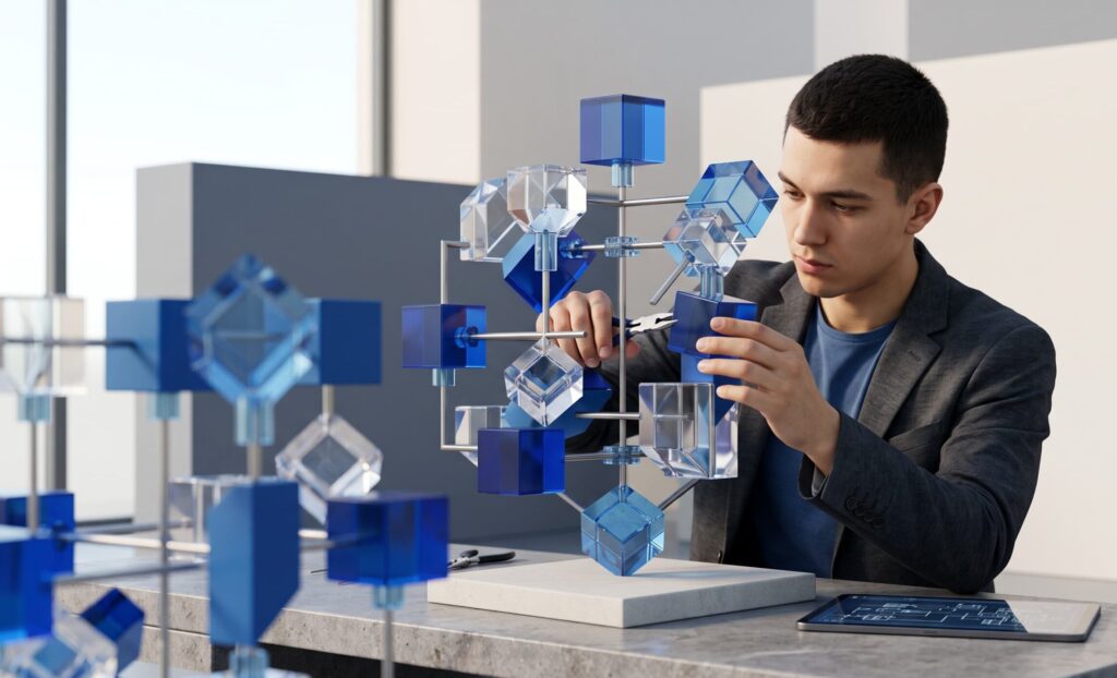 A man using pliers to assemble a complex 3D model of blue and clear cubes, with the text Architecture Choices That Matter.