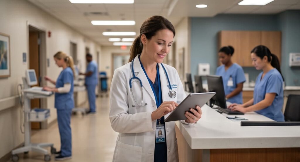 The woman docotr work with Custom Mobile Application Development for Healthcare in Hospital