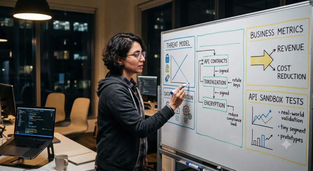 A woman in an office at night writes diagrams on a whiteboard that include terms like Threat Model, Data Classification, API Contracts, Encryption, Business Metrics, and API Sandbox Tests.