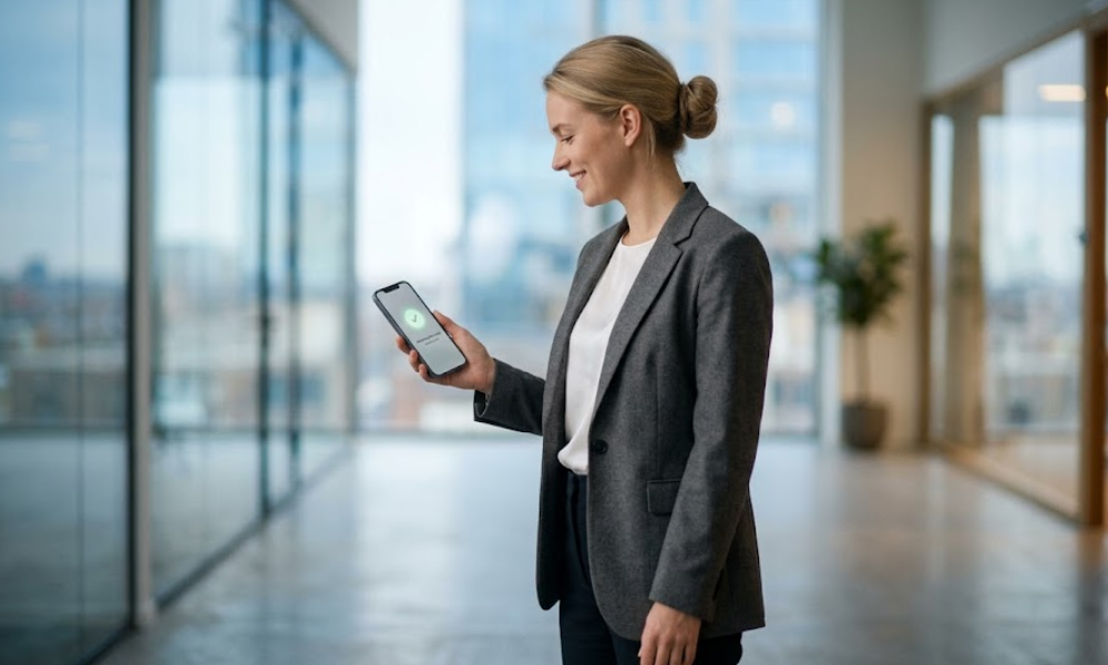 A businesswoman standing in a modern office, smiling at her smartphone screen displaying a green checkmark confirmation icon.
