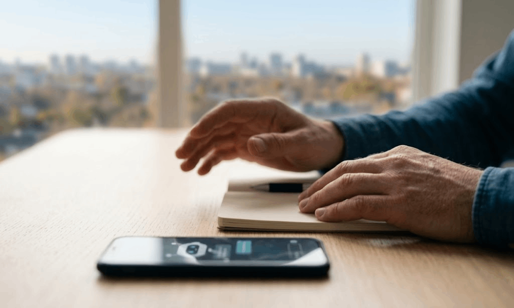 A business professional's hands over a notebook with an AI-enabled smartphone, demonstrating AI business alignment.