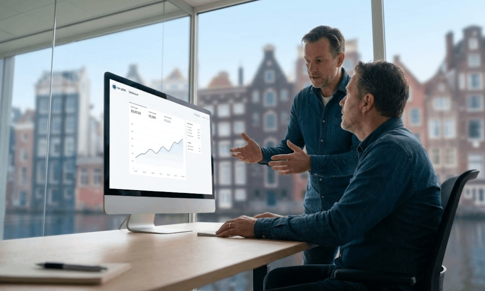 Two colleagues discuss business data on a desktop monitor, showcasing the role of AI in the workplace.