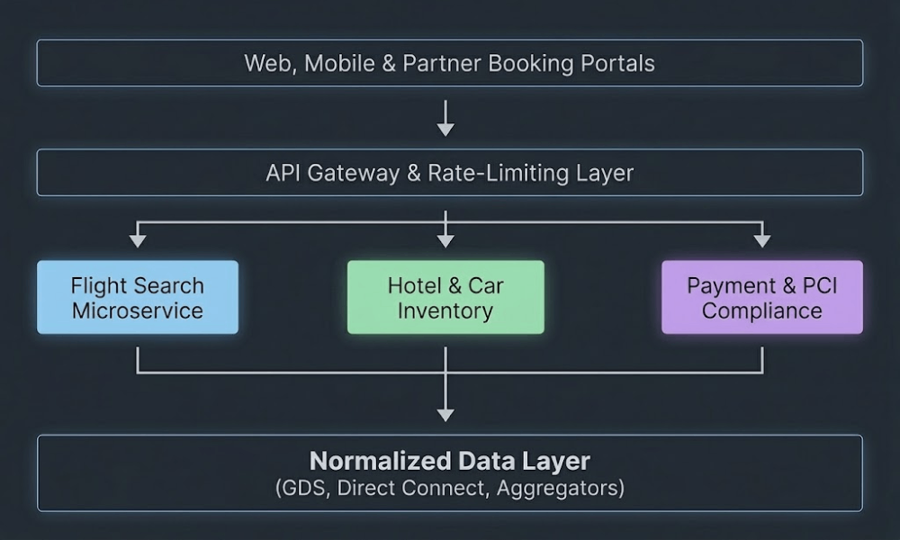 Custom travel software architecture diagram: from booking portals and API gateway to microservices and normalized data layer.