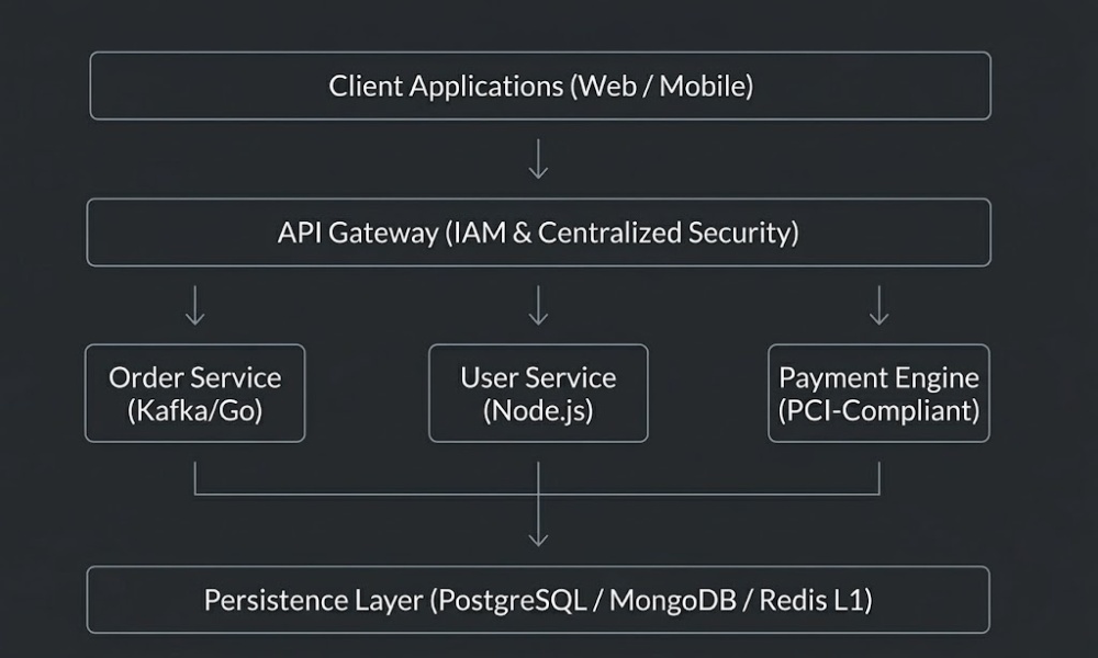 A microservices architecture with decoupled components for a scaling software team.