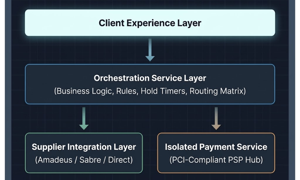 A layered architecture diagram illustrating the system topology for travel tech, connecting client experience to integrated suppliers and payments.