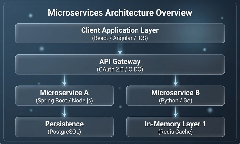 A microservices architecture overview diagram illustrating technical frameworks relevant to what is meant by staff augmentation.