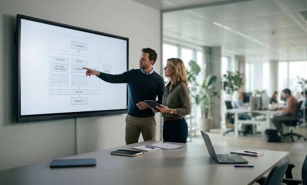 Custom EHR software development in a modern healthcare IT office.