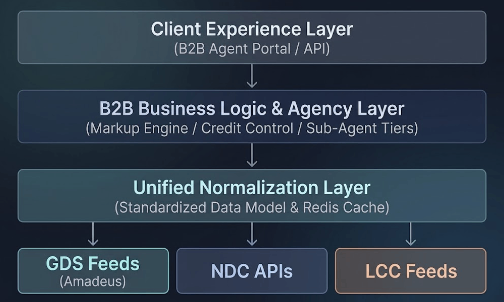 An architecture diagram of a European flight booking engine integrating GDS, NDC, and LCC feeds.