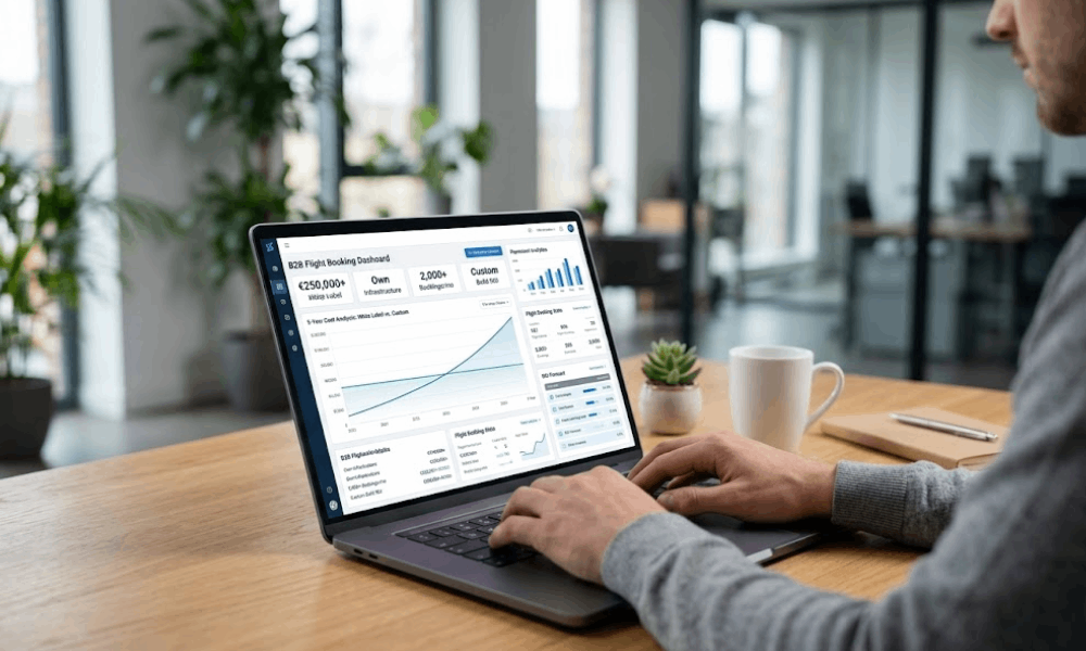 A person using a B2B flight booking engine dashboard on a laptop in an office.