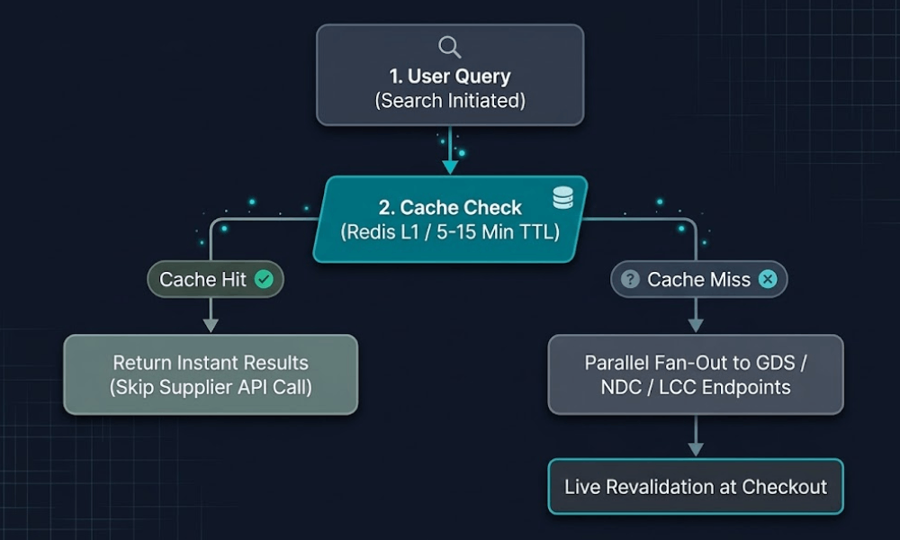 A workflow diagram of a flight search engine API, showing user query, cache check, and branching paths for cache hit and cache miss.