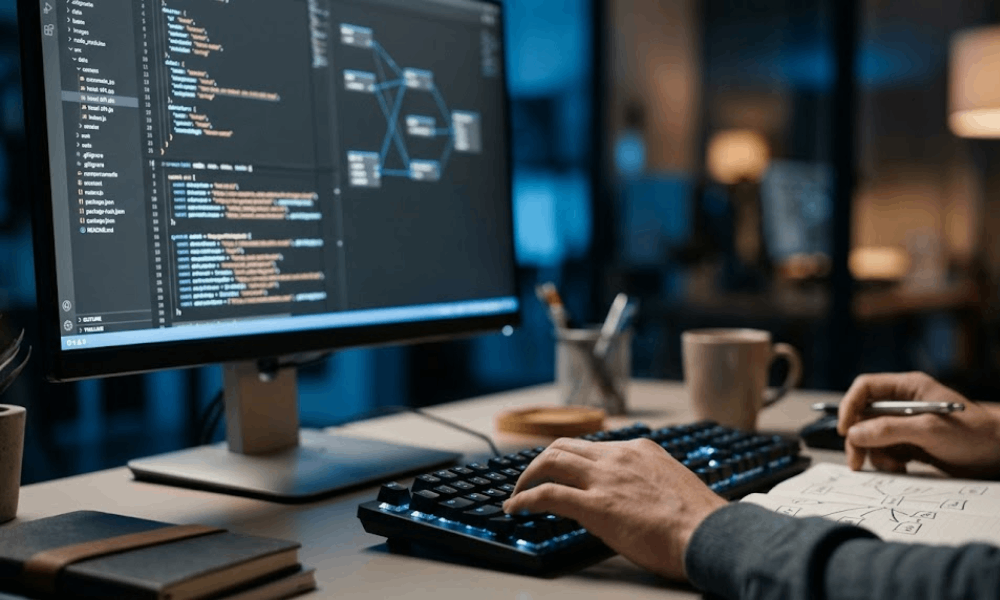 An engineer working at a desk to configure and implement a hotel static data mapping api.