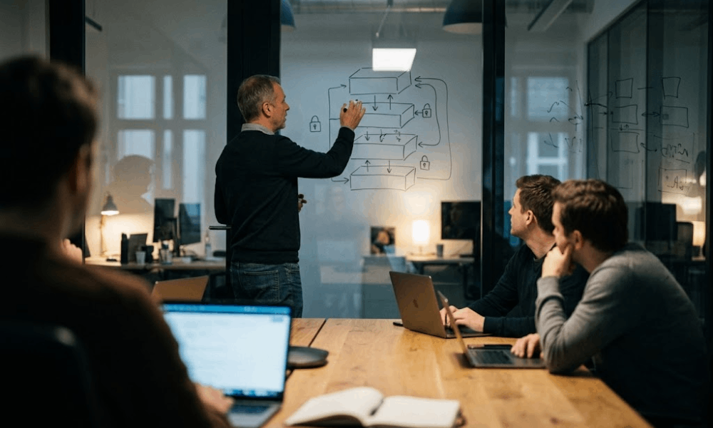 A candid view of a collaborative team meeting discussing how to integrate a hotel booking API.