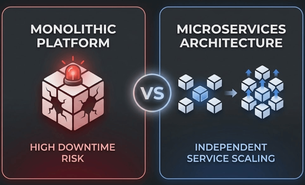 Comparison of Monolithic vs. Microservices architecture for a travel software development platform.